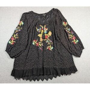 Calessa‎ Women Top 1X Floral Embroidered Polka Dot Tassels Lace Hem Cottagecore